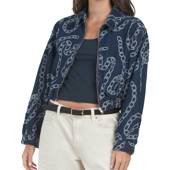 flying angel Jackets & Blazers - Elegant Chain Print Denim Jacket